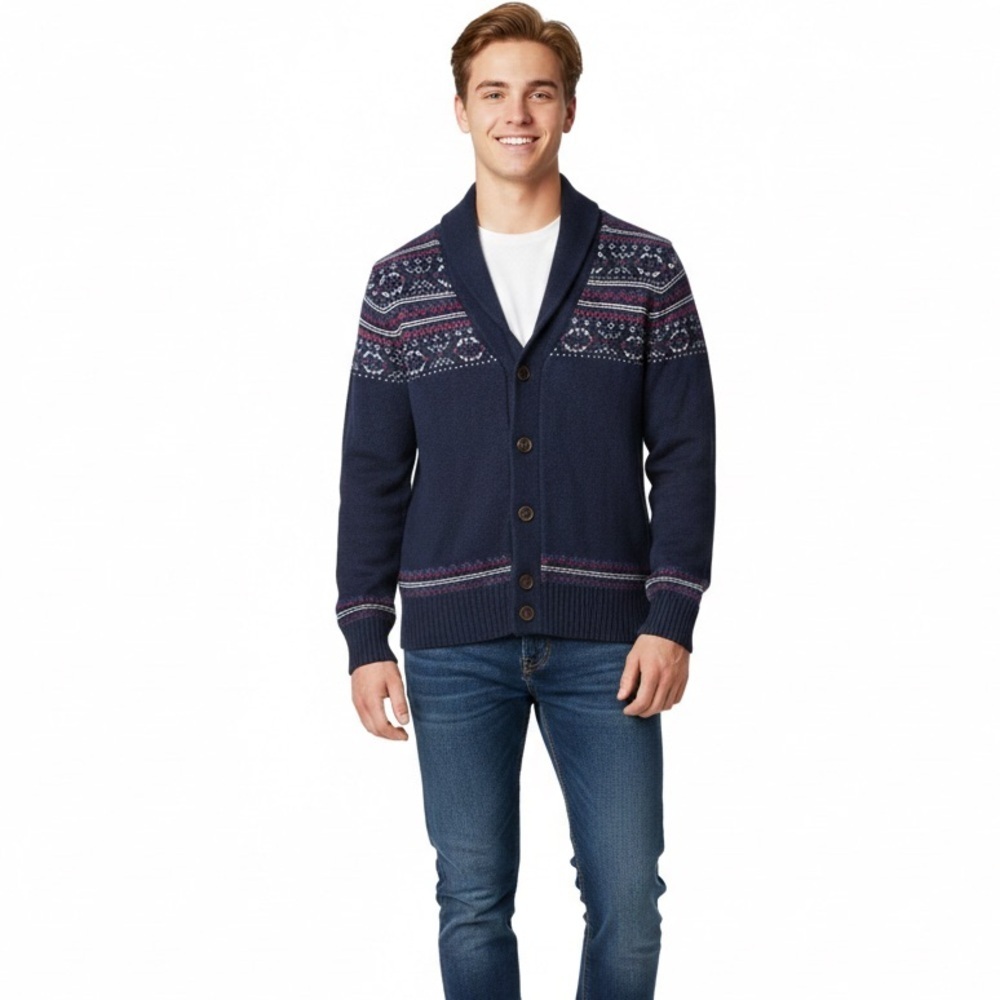 Men’s Shawl Collar Fair Isle Cardigan, Button Front, Cotton & Wool Blend,Size XS